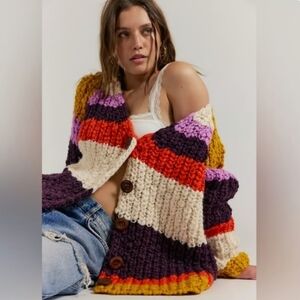 FREE PEOPLE Myles Chunky Striped Cardi Cardigan Red Blue XS NWT